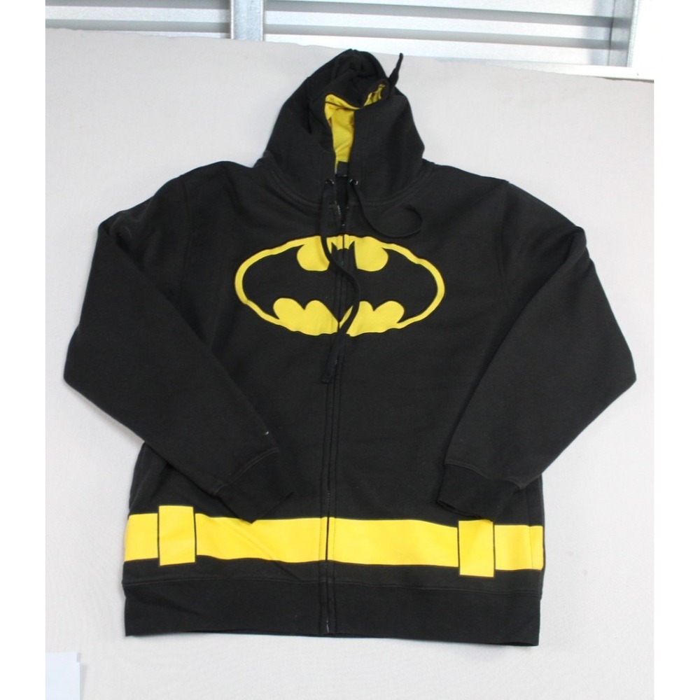 Batman Men Black Yellow Sweater Hoodie Long Sleeve Full Zip Size XXL